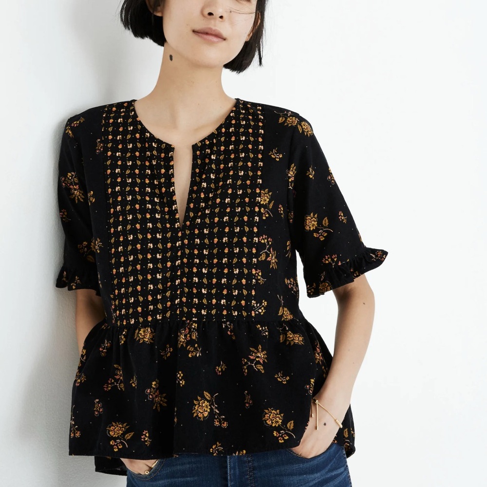 Madewell Black and Gold Peplum Blouse with Bell Sleeves